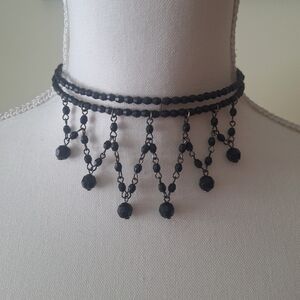 Coil Choker Faceted Black Beaded Necklace Vintage Stamped Goth Steampunk Beads